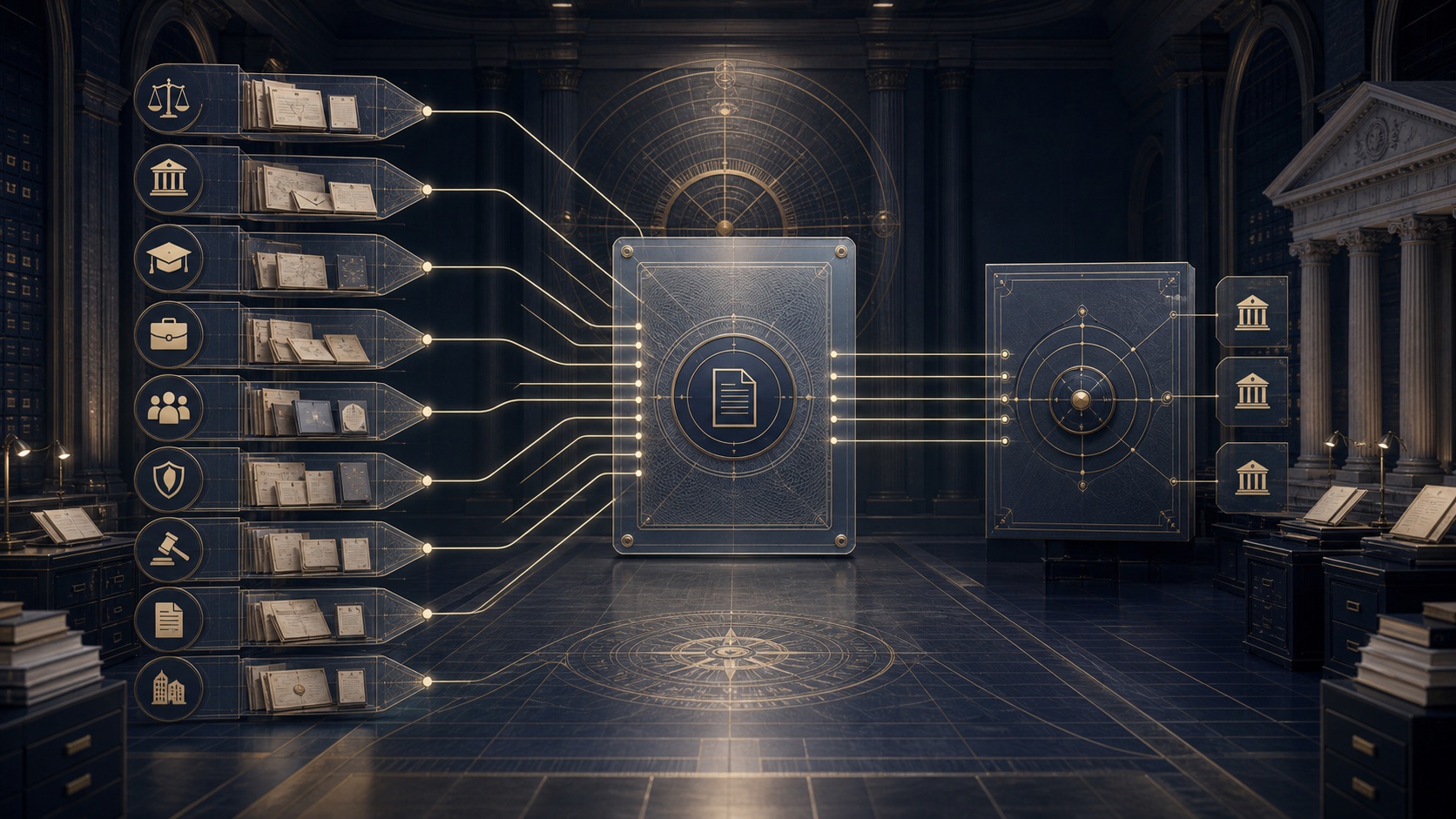 CNOB service division architecture showing nine documentation divisions entering one professional procedure and registry layer